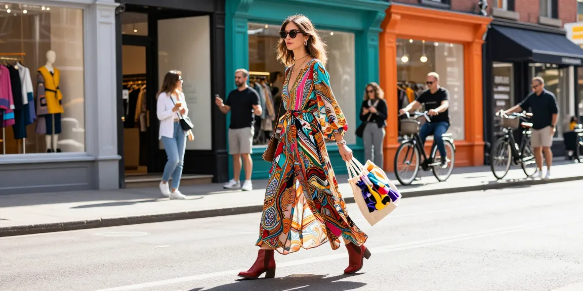 Stylish woman showcasing vibrant women's fashion in a lively urban setting, embodying modern trends.