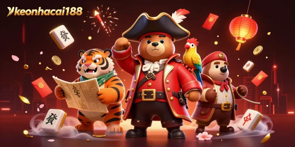 Engage with keonhacai188's vibrant casino scene featuring a pirate captain and tiger exploring treasure.