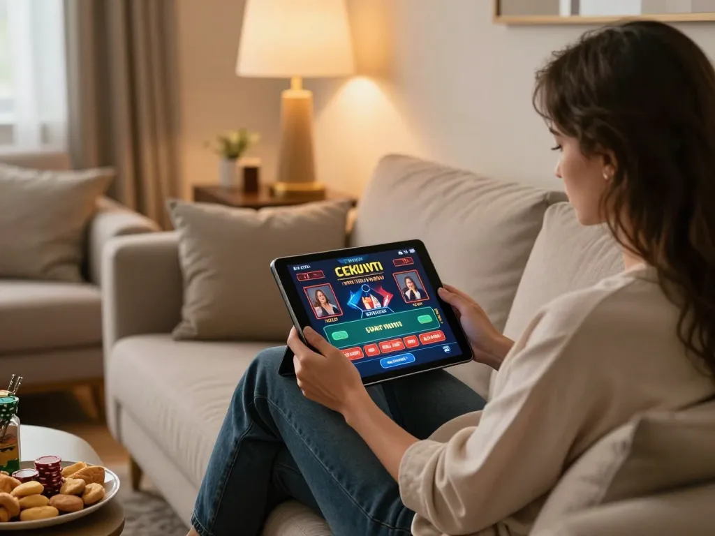 Player enjoying online casino games at home with xin88 tablet interface and cozy ambiance.