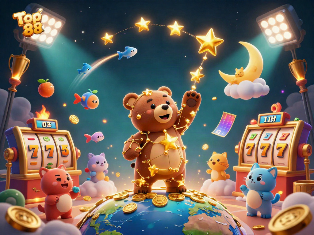Engage in Top 88 fun with a vibrant 3D casino illustration capturing slot excitement and dynamic gaming energy.