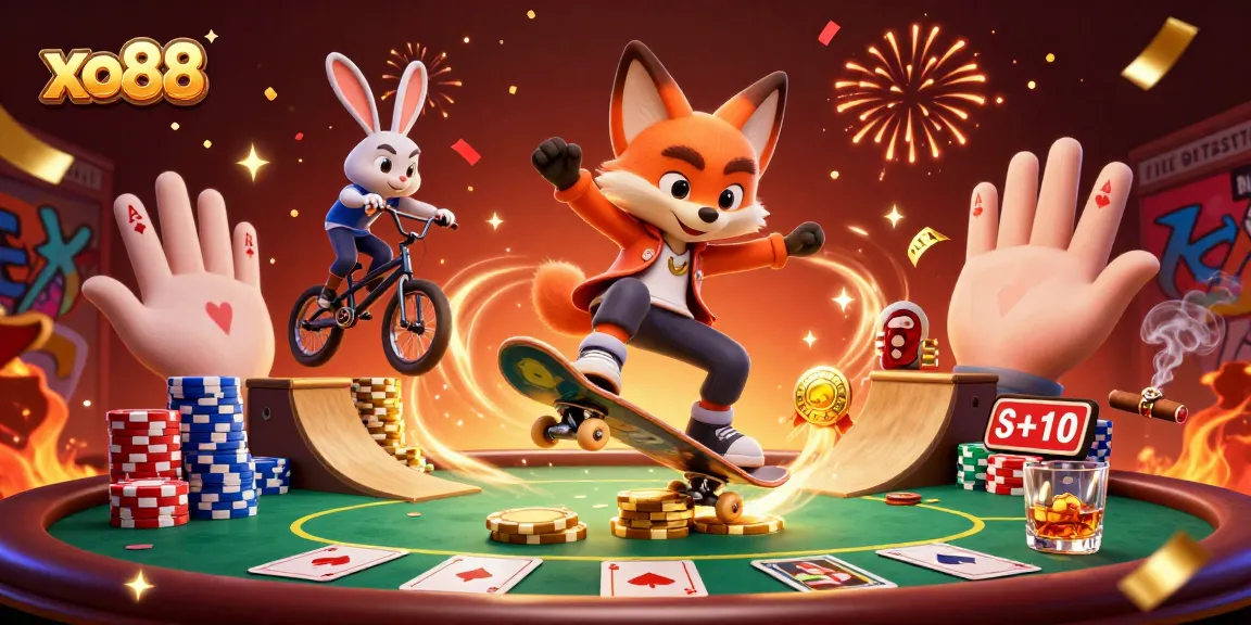 Experience exciting action at xo88 with a skateboarder fox and BMX rabbit in a vibrant casino scene.