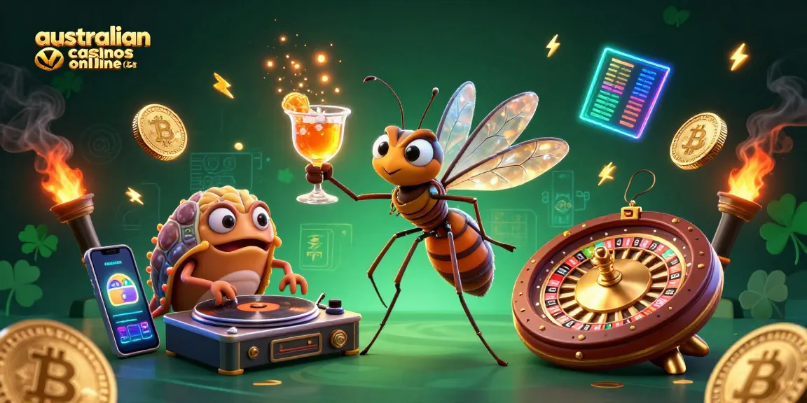 Enjoy exciting games at australian casinos online, featuring a vibrant casino scene with unique characters.