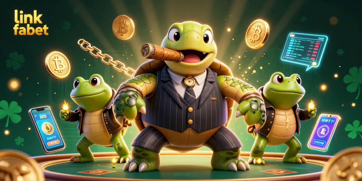 Engage with link fabet through this vibrant scene showcasing a cartoon turtle casino king among crypto coins.