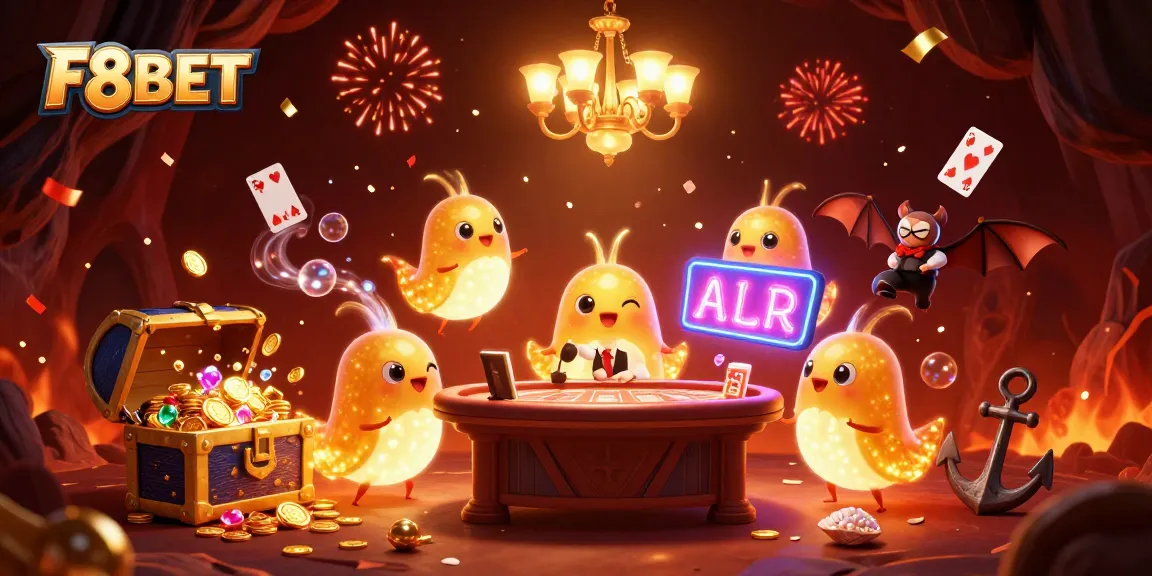 F8BET's dynamic cartoon casino scene lights up with glowworms and treasures, engaging players in gaming excitement.